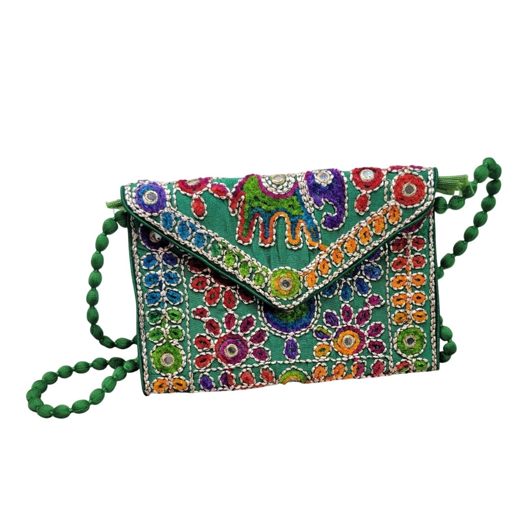 Boho Indian Embroidered Elephant Mirror Work Crossbody Bag Green Pom Pom Strap